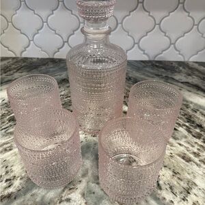 Textured Pink Glass Decanter Set with Glasses